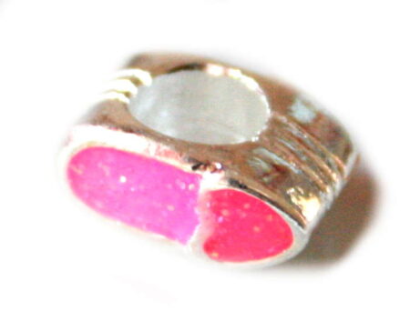 2x Pink heart exclamation cloisonne bead. Silver base colour. 4mm.-0
