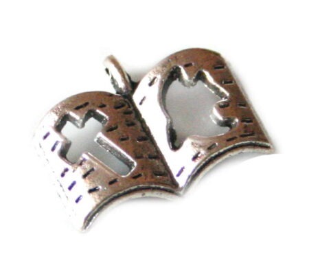 Bible shaped charm with cross and dove cutouts. 18mm wide