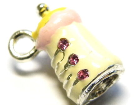 Cream & Yellow Cloisonne Baby Bottle Charm, 16mm Nickel Silver