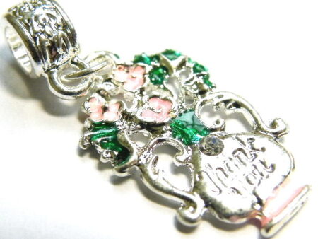 Pink cloisonne flower bouquet thank you pendant, 40mm. Nickel silver
