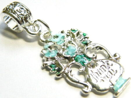 Blue cloisonne flower bouquet thank you pendant, 40mm. Nickel silver