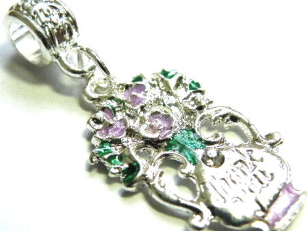 Lilac cloisonne flower bouquet thank you pendant, 40mm. Nickel silver