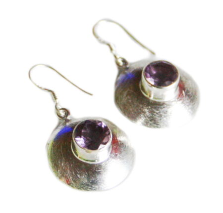 Round Amethyst earrings in 925 silver, brushed finish, 38mm