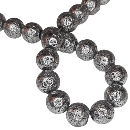 Metallic Silver Lava bead string, round, 10mm, 40cm