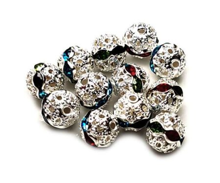 10x Metal bead w rhinestones, 8mm, assorted