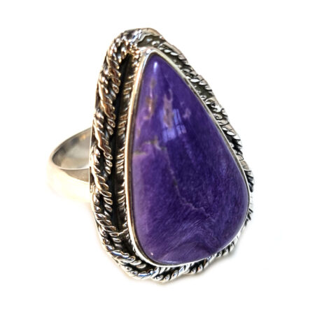 Charoite cabochon ring in 925 silver, pear, Size 9