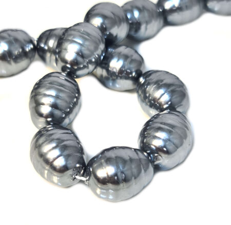 Shell pearl string, ringed baroque - dark grey, 13x16mm, 40cm