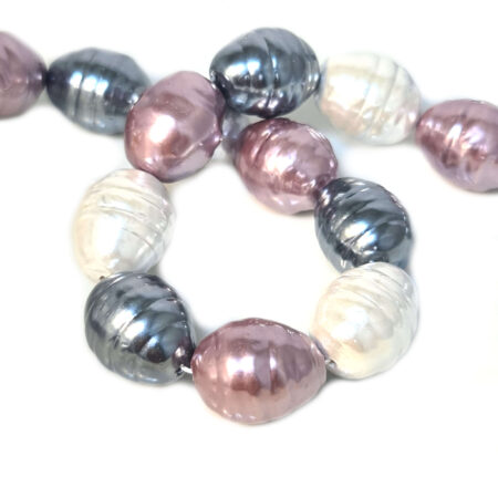 Shell pearl string, ringed baroque - cream, dark grey, mauve, 13x16mm, 40cm