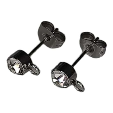Earring stud pair w rhinestone & ring, stainless steel, 6mm