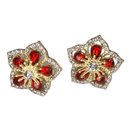 Flower rhinestone stud earrings, red & gold, 20mm
