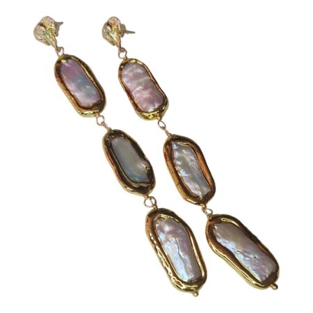 Biwa Pearl drop earrings w elephant stud, gold base, 105mm