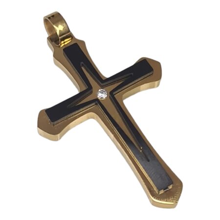 Cross pendant, gold / black, stainless steel, 52mm