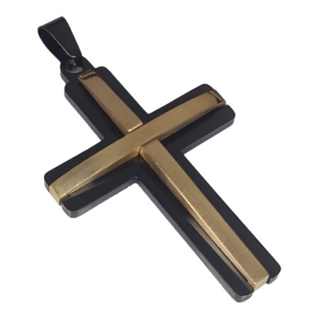 Cross pendant, black / gold, stainless steel, 60mm