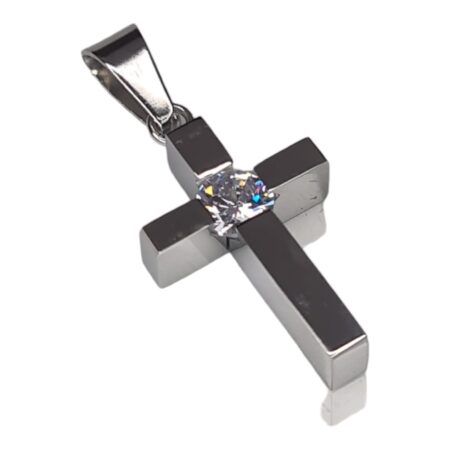 Cross w rhinestone pendant, stainless steel, 36mm