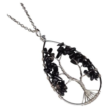 Wire wrapped drop necklace, Obsidian, silver chain, 45cm