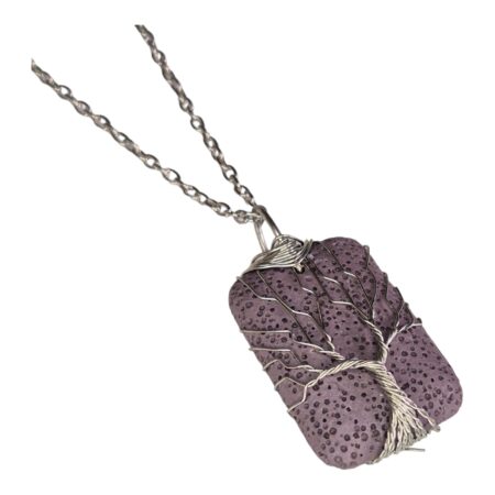 Lava wire wrapped necklace, rectangle, purple, silver chain, 45cm