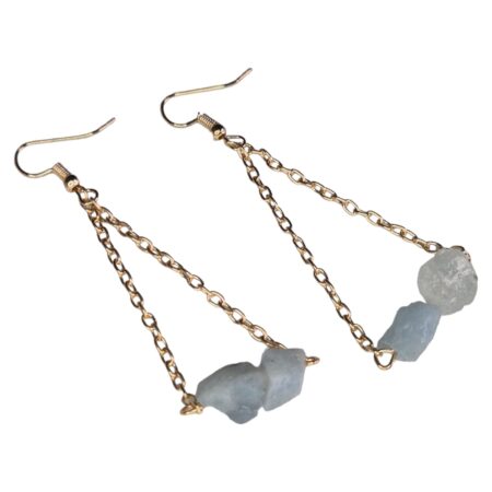 Rough chip drop earrings, gold base, Aquamarine, 75mm