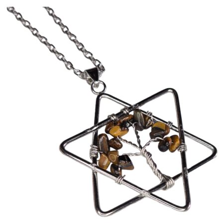 Star wire wrapped drop necklace, Tiger Eye, silver chain, 45cm