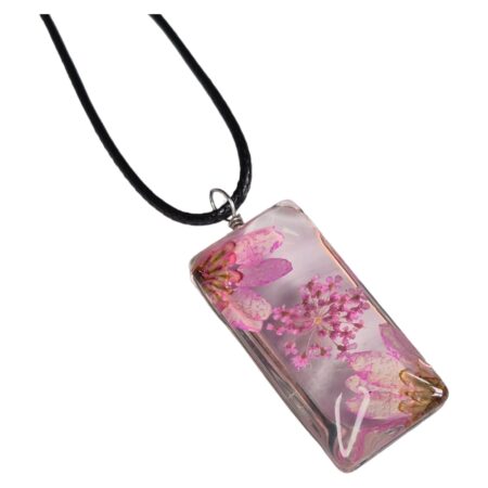 Dried flowers glass rectangle necklace, pink, black string, 45cm