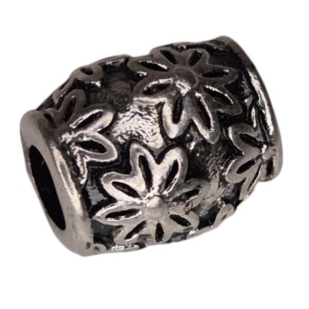 Barrel bead in stainless steel, flower design, 12x10mm