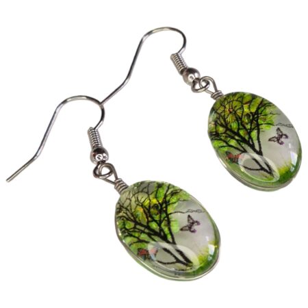 Dried flowers tree earrings, green, 45mm