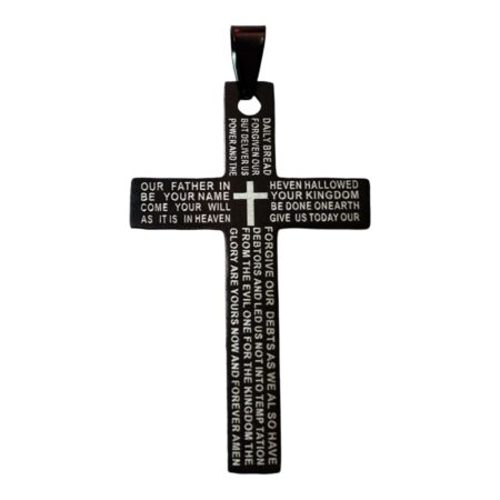 Black Cross pendant with silver prayer engraved on it