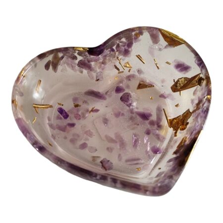 Resin heart bowl, purple w gold flakes, 8x7x2.5cm