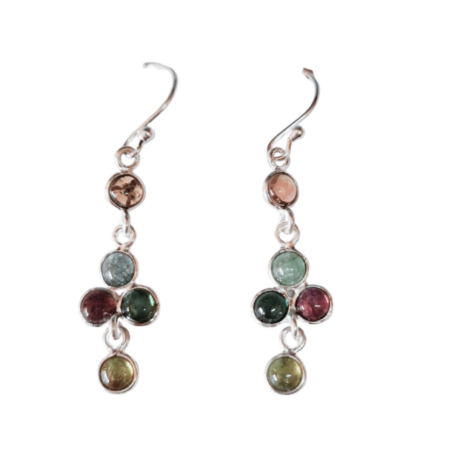 Colourful Tourmaline dangle earrings include hooks, 925 Silver, Round shape
