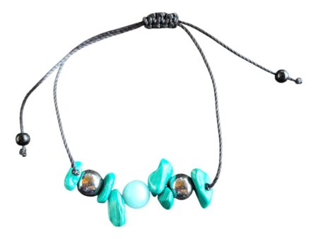 Malachite Chip with Hematite and Amazonite bead bracelet on black rope, adjustable