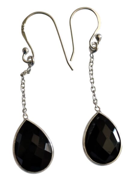 Black obsidian facet pear dangle earrings, 925 Silver, 4.8cm