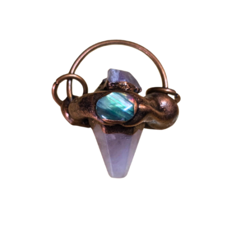 Rose quartz pendulum point pendant decorated with paua shell and amethyst piece on the copper color base, 46mm