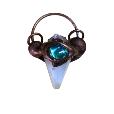 Quartz pendulum point pendant decorated with paua shell and amethyst piece on the copper color base, 46mm
