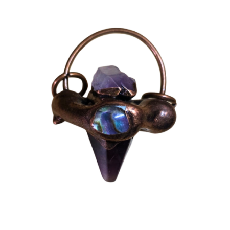 Amethyst pendulum point Pendant decorated with paua shell and amethyst piece on the copper color base, 46mm