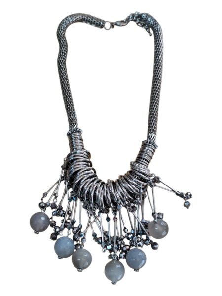 Stainless steel Brutalist Necklace, Grey agate and silver glass rondelle and swavoski beads, 54cm