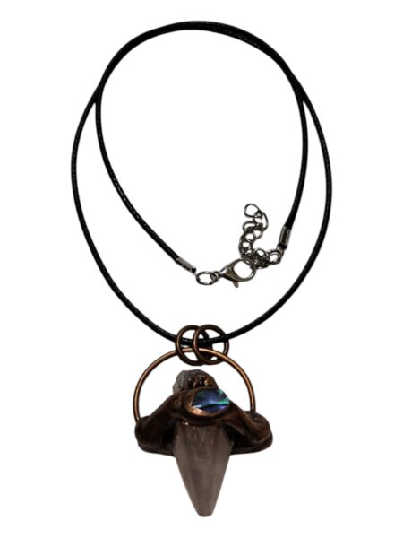 Rose quartz pendulum point necklace decorated with paua shell and amethyst piece on the copper color base, 46mm incl. bail