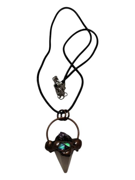 Quartz pendulum point necklace decorated with paua shell and amethyst piece on the copper color base, 46mm incl. bail