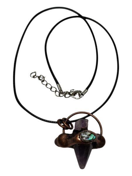 Amethyst pendulum point necklace decorated with paua shell and amethyst piece on the copper color base, 46mm incl. bail
