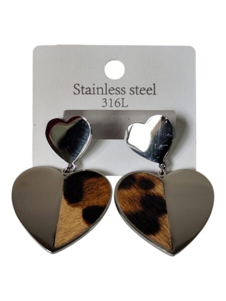 Half leopard print fur Silver color heart stud earrings, Stainless steel, 4.4cm hanging