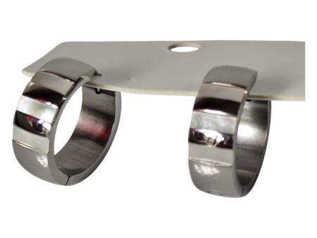 Mother of pearl striped huggie earrings, Stainless-steel, 0.7 x 1.9 x 1.9cm
