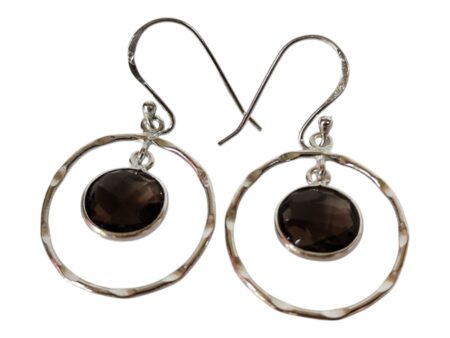 Smoky quartz round facet dangle earrings, 925 Silver, 4cm