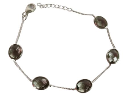 Green Amethyst bracelet in 925 silver, Oval, with lobster clasp and extension chain end, 18.4 + 2.4cm