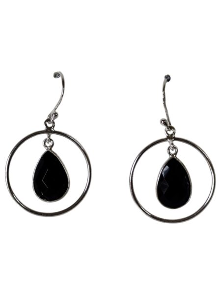 Black onyx Pear facet cut dangle earrings, 925 Silver, 4cm