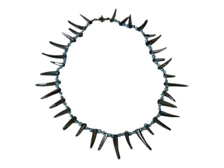 Aqua blue shell and fresh water flat back pearl necklace with base metal signoretti clasp, 38cm when fastened