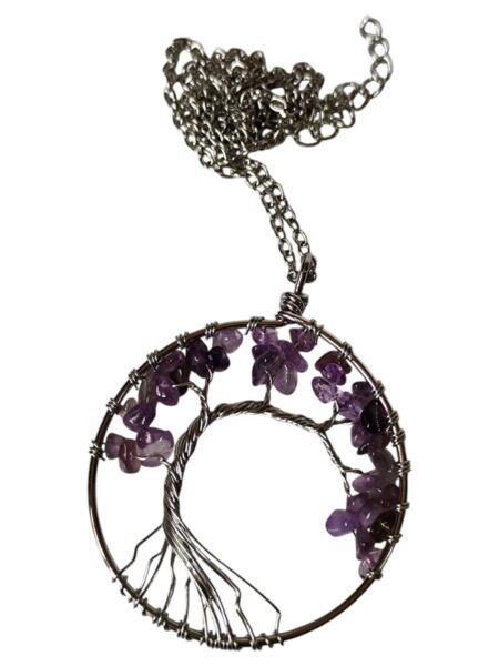 Amethyst Acacia wire tree necklace, base metal, 5.9 x 6.3cm, 45cm length chain extension chain inc.