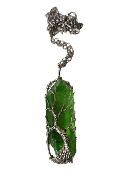 Green Aura quartz with tree-of-life wire wrapped necklace, rough, 50-60mm, 45cm chain extension chain incl.