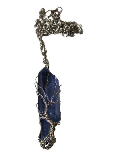 Indigo blue Aura quartz with tree-of-life wire wrapped necklace, rough, 50-60mm, 45cm chain extension chain incl.