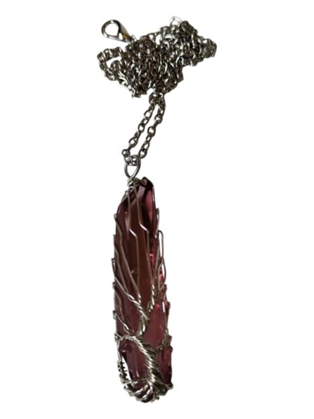 Pink Aura quartz with tree-of-life wire wrapped necklace, rough, 50-60mm, 45cm chain extension chain incl.