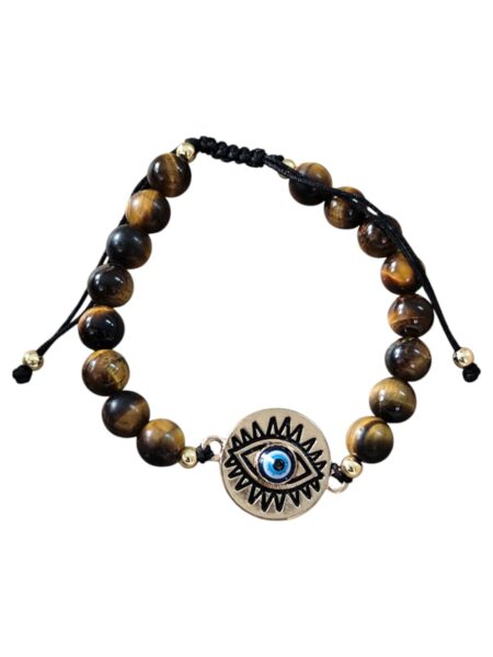 Tiger eye evil eye bracelet, Adjustable, 8mm beads