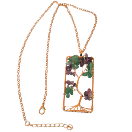 Green Aventurine and Amethyst gold wire tree necklace, base metal, 2.9 x 6.8cm, 52cm length chain extension chain inc.