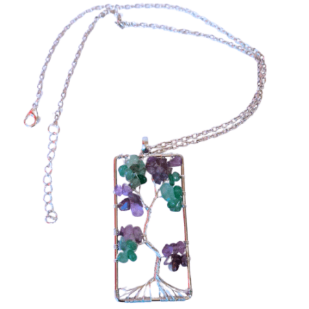 Green Aventurine and Amethyst silver wire tree necklace, base metal, 2.9 x 6.8cm, 52cm length chain extension chain inc.
